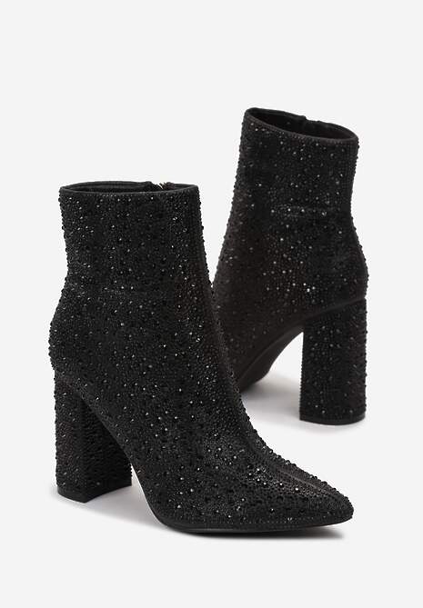 Botine Negre cu Fermoar cu Toc Până la Gleznă Decorate cu Pietre Strass Basiva 4