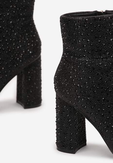 Botine Negre cu Fermoar cu Toc Până la Gleznă Decorate cu Pietre Strass Basiva 5