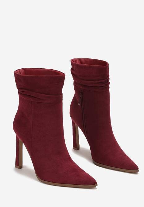 Bordowe Botki do Połowy Łydki na Cienkiej Szpilce z Marszczoną Cholewką Lianere 4