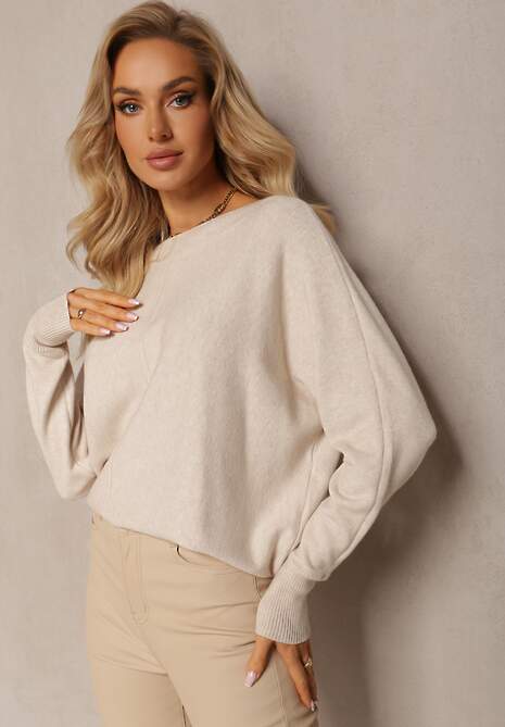 Beżowy Sweter o Luźnym Fasonie z Rękawami w Stylu Nietoperz Amadeo 4