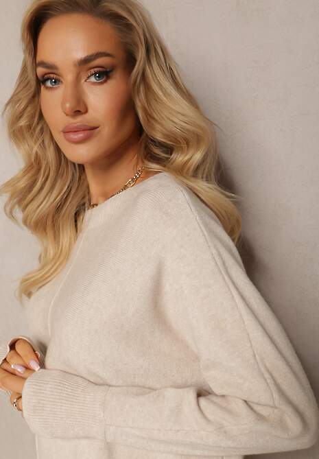 Beżowy Sweter o Luźnym Fasonie z Rękawami w Stylu Nietoperz Amadeo 5