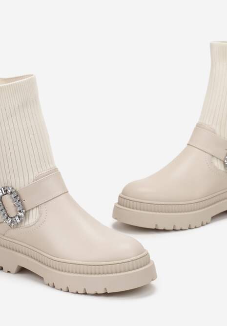 Bej Botine Ghete cu Carâmb Elastic din Tricot și Cataramă Bijuterie Nalipno 5