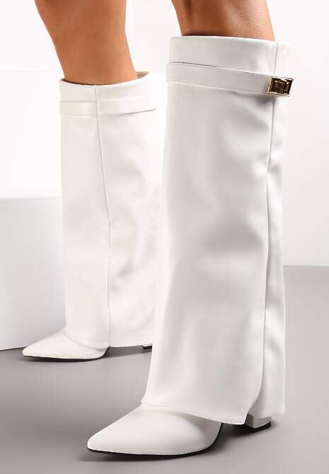 Białe Kozaki na Słupku z Wywiniętą Cholewką i Noskiem w Szpic Selvaggia