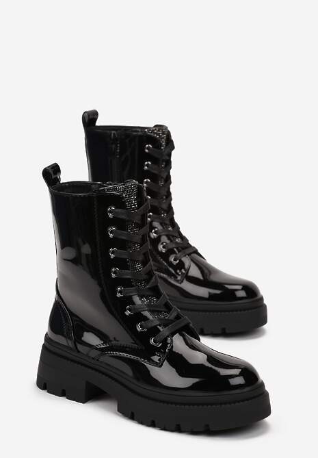 Czarne Lakierowane Botki Workery z Cyrkoniami i Tłoczoną Podeszwą Beatrizio 4