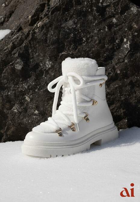 Białe Traperki Wiązane na Sznurek Ozdobione Kożuszkiem Sidonnie