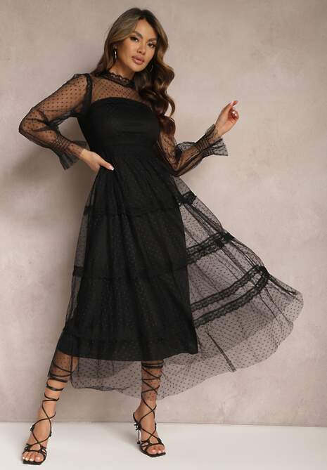 Czarna Koronkowa Sukienka Rozkloszowana z Falbanką Faberlla