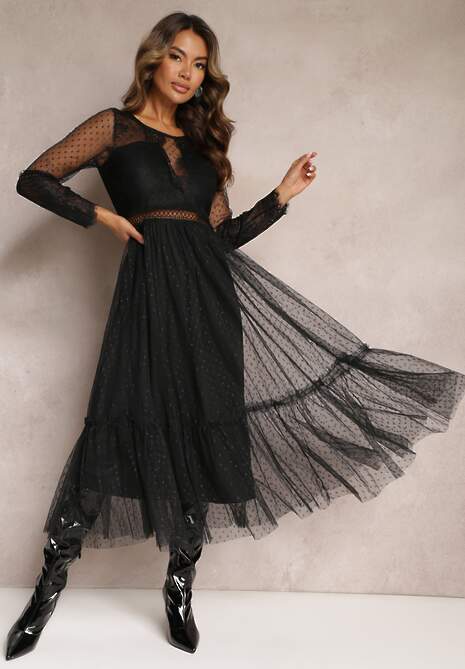 Rochie Neagră Cloș Midi din Tulle cu Dantelă Rislaine - Renee