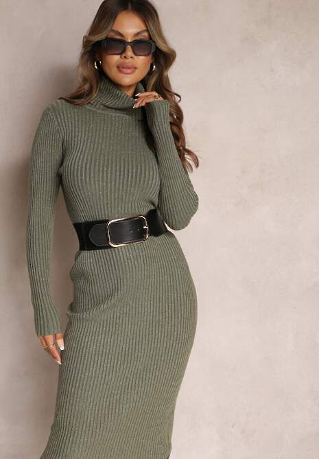 Ciemnozielona Midi Sukienka w Prążki z Golfem Obszyta Metaliczną Nicią Levese 4