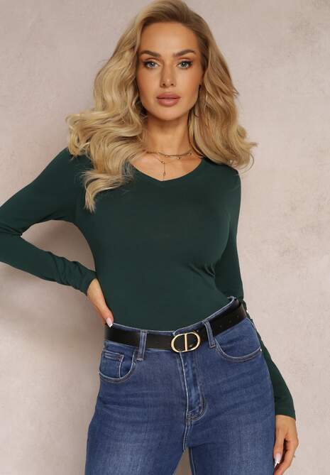 Ciemnozielona Bluzka Longsleeve z Trójkątnym Dekoltem Fezomia 4