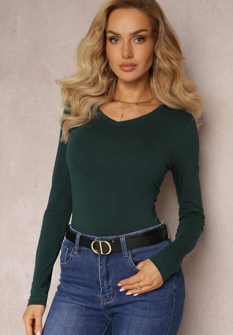 Ciemnozielona Bluzka Longsleeve z Trójkątnym Dekoltem Fezomia