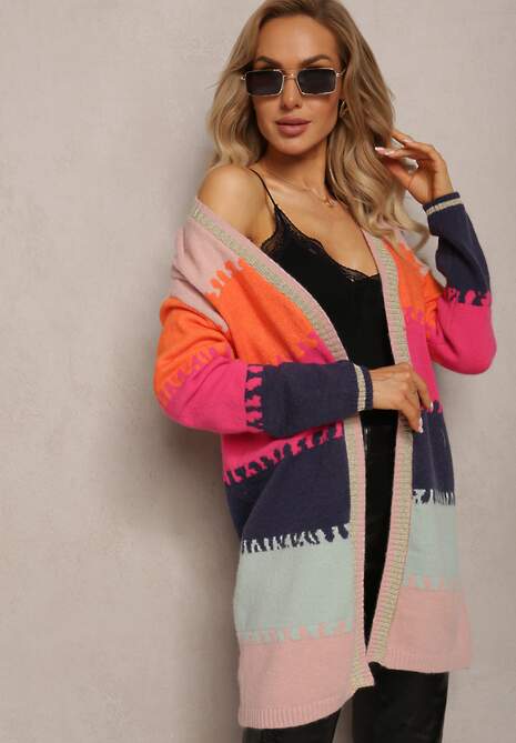 Roz-Bej Lung Cardigan Fara Închidere Cu Fir Metalic Abdona 4