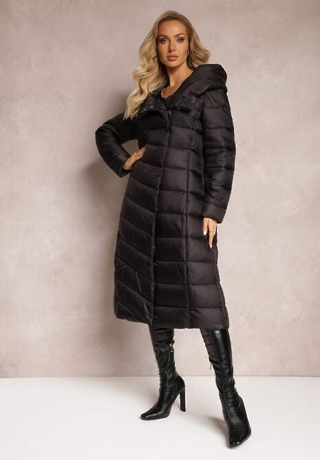 Czarna Długa Kurtka Płaszcz z Pikowaniem i Kapturem Tittonna