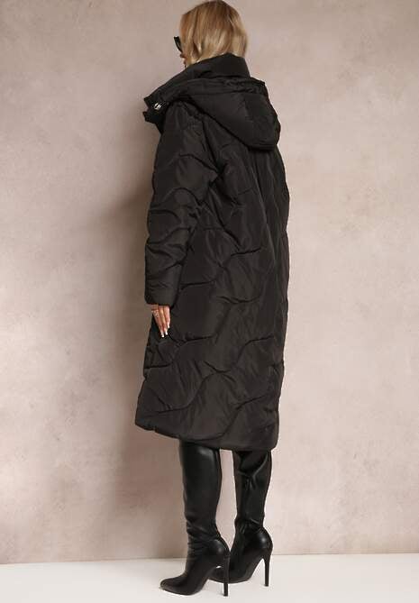 Czarna Pikowana Kurtka Płaszcz za Kolano z Kapturem Kelotta 4
