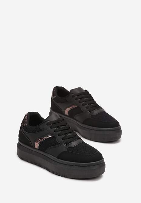 Czarne Płaskie Sneakersy na Grubej Podeszwie z Metalicznymi Wstawkami Odelita 4