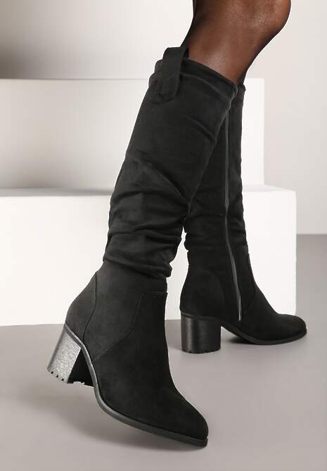 Czarne Kozaki na Słupku Ozdobione Metaliczną Wstawką Serivia