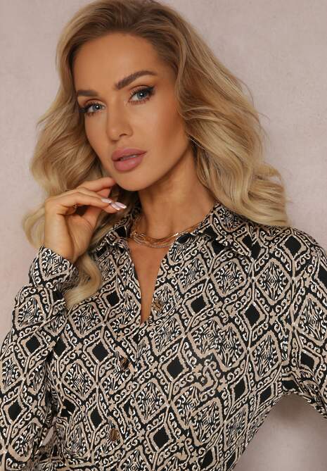 Rochie Midi Bej-Negru Stil Cămașă cu Curea cu Imprimeu Mic Renonna 5