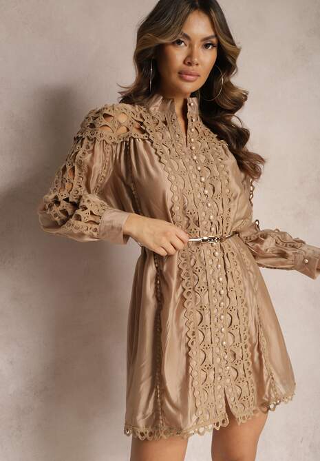 Rochie Cămașă Mini Bej cu Curea în Stil Vintage Butafa 4