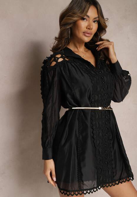 Rochie Cămașă Mini Neagră cu Curea în Stil Vintage Butafa 4