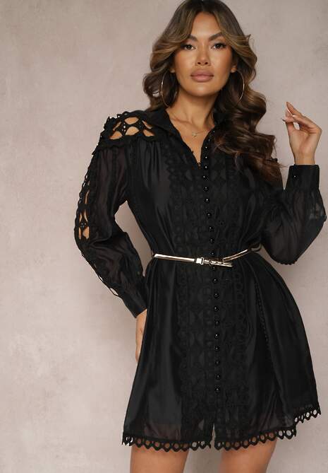 Czarna Koszulowa Sukienka Mini z Paskiem w Stylu Vintage Butafa
