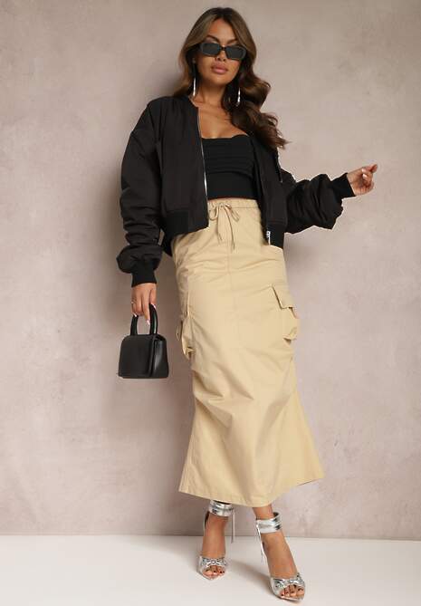 Fusta Midi Bej Crep Stil Cargo cu Elastic în Talie Gacieam 4