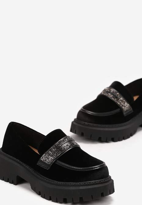 Mocasini Negri din Material Velur cu Bareta Decorativă și Pietre Strass Damazoni 5