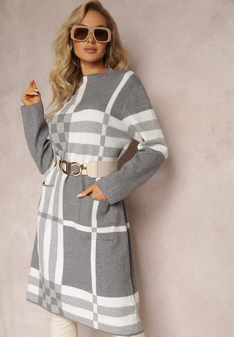 Szara Sukienka Sweterkowa z Półgolfem i Naszytymi Kieszeniami w Kratę Mirba 4