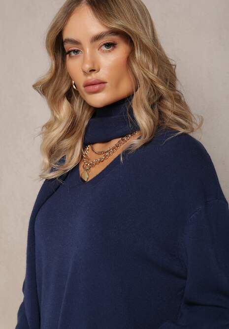 Granatowy Sweter z Szalikiem z Chwostami w Komplecie Rumabena 5