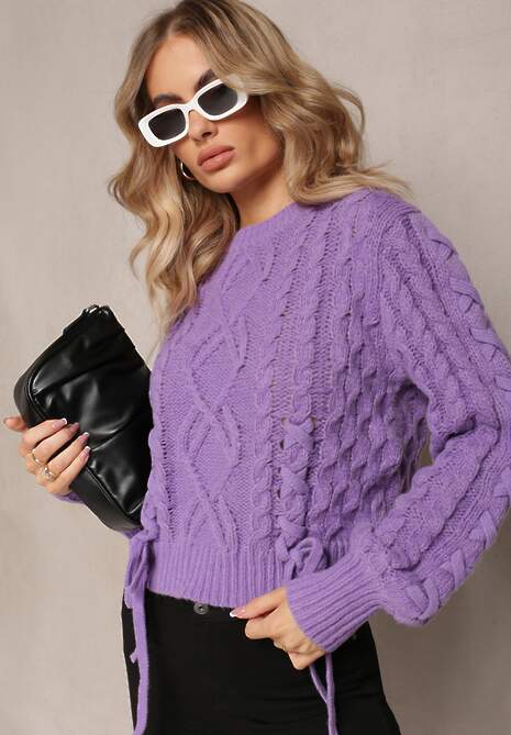 Fioletowy Sweter z Ozdobnym Sznurowaniem na Dole i Ściągaczami Miritu