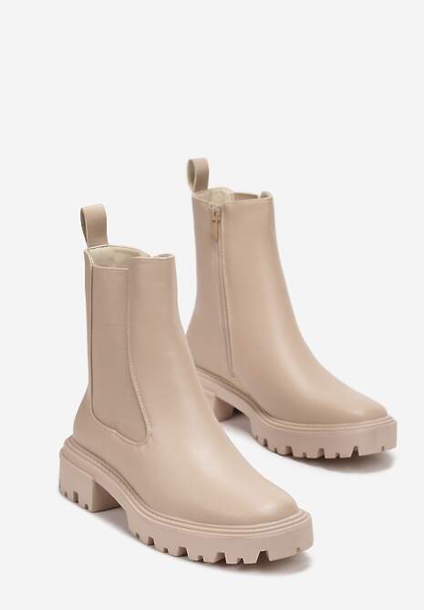 Beżowe Botki Sztyblety w Stylu Chunky na Grubej Podeszwie Apollinare 4