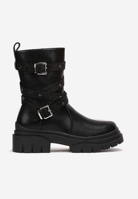 Botine negre tip bocanci cu catarame decorative pe barete oblice Anra 4