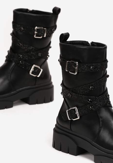 Botine negre tip bocanci cu catarame decorative pe barete oblice Anra 6