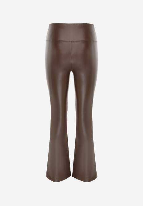 Brązowe Spodnie o Fasonie Dzwonów z Ekoskóry i z Gumką w Pasie Dawi 7