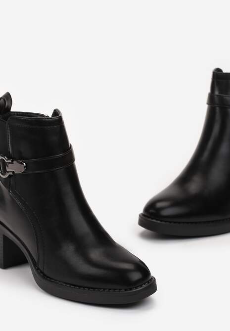 Botine Negre cu Toc Pătrat Ornamentate cu Curea și Inserție Elastică Goisvi 5