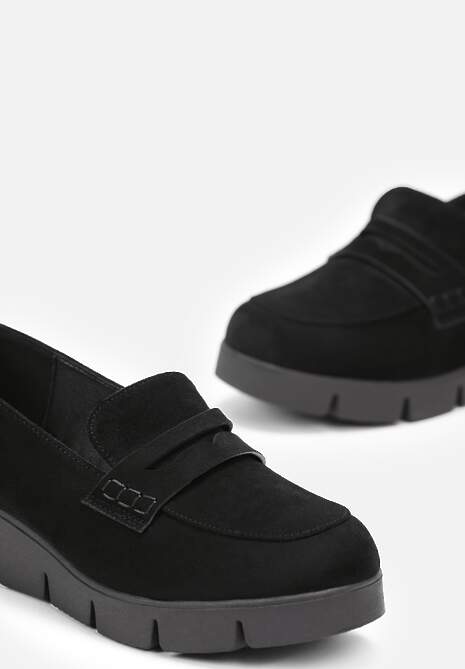 Mocasini negri din piele întoarsă ecologică cu branț din piele pe platformă Qallen 5