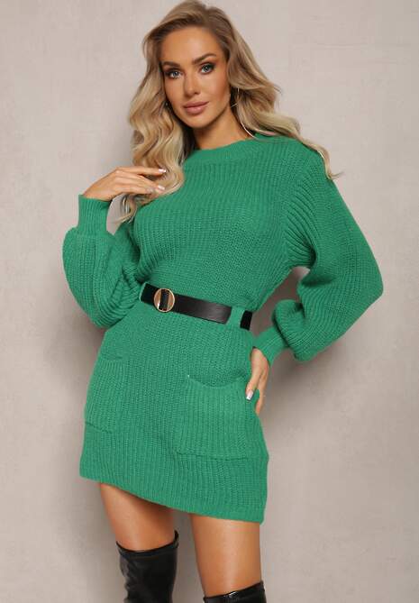 Zielona Sweterkowa Sukienka Prążkowana z Paskiem w Komplecie  Sofiatti
