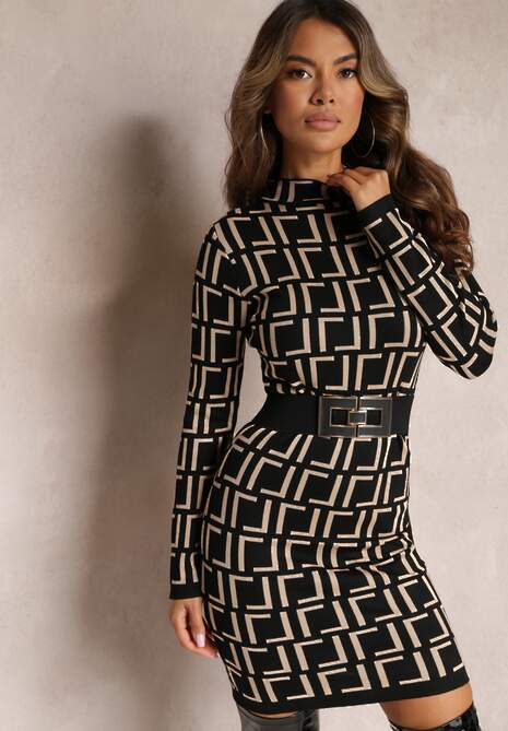 Rochie Mini Neagră Tip Pulover Cu Model Geometric Minametta 4