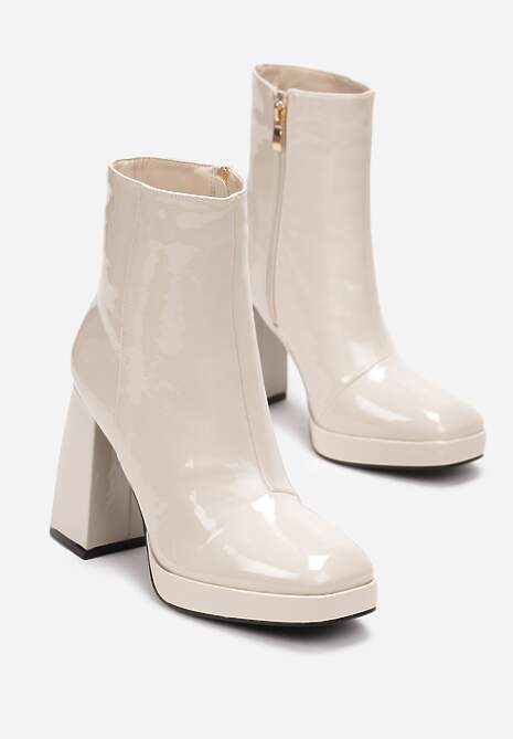 Beżowe Lakierowane Botki na Słupku z Niską Platformą i Kwadratowym Noskiem Rafiama 4