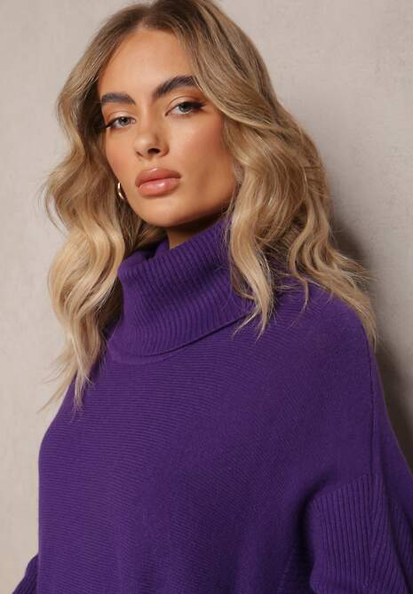 Fioletowy Sweter Golf z Kieszeniami i Szerokim Golfem Aboio 5