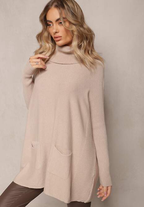 Beżowy Sweter Golf z Kieszeniami i Szerokim Golfem Aboio 4