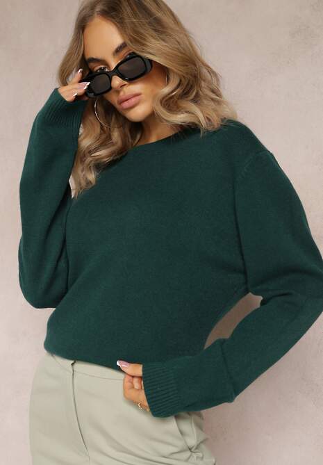 Zielony Klasyczny Sweter z Okrągłym Dekoltem Atiamo