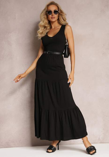 Czarna Rozkloszowana Sukienka Maxi z Bawełnianej Tkaniny Galaise