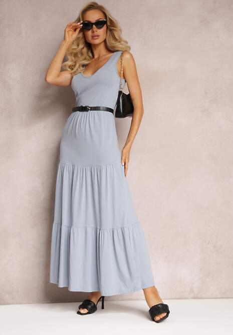 Niebieska Rozkloszowana Sukienka Maxi z Bawełnianej Tkaniny Galaise