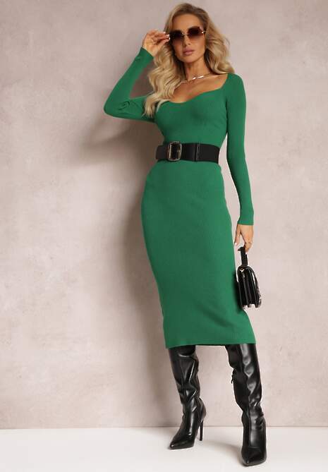 Zielona Dopasowana Sukienka Sweterkowa z Dzianiny w Prążki Dascoa