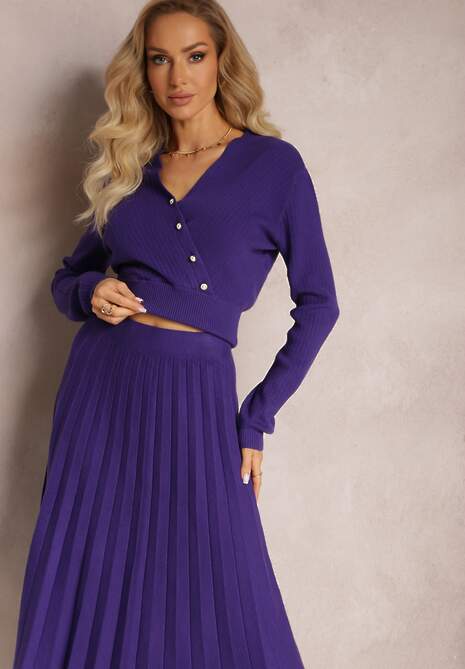 Set Violet Închis Din Două Piese Fustă Pliată Cu Elastic În Talie și Pulover Tip Sacou Oblanes 4