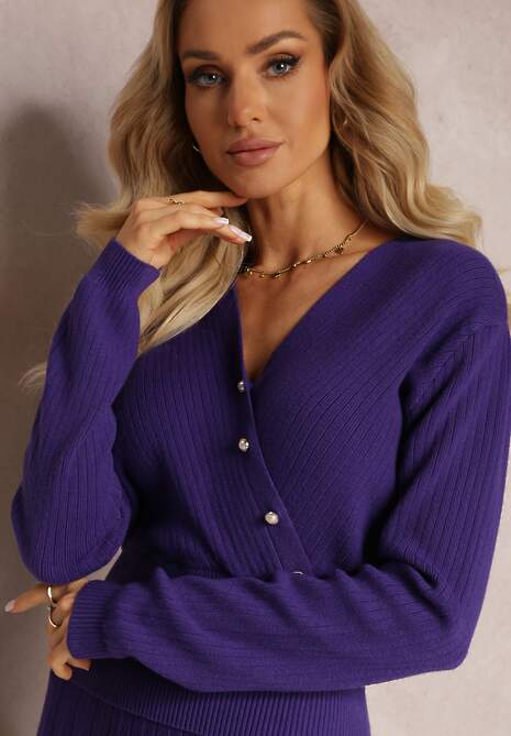 Set Violet Închis Din Două Piese Fustă Pliată Cu Elastic În Talie și Pulover Tip Sacou Oblanes 5