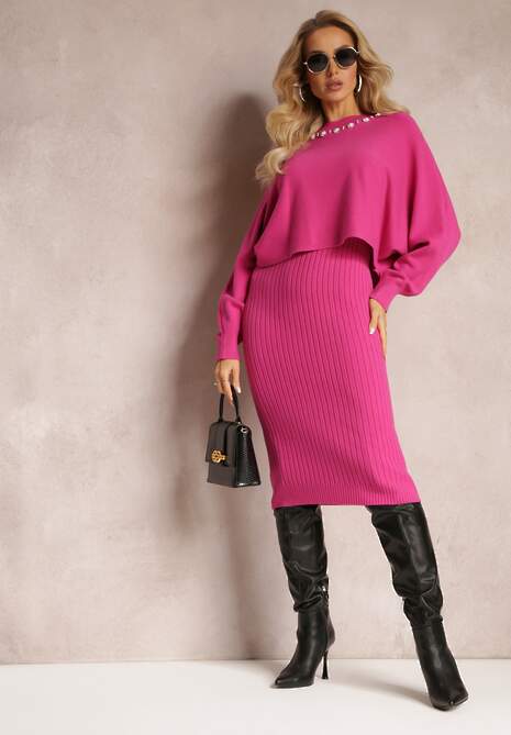 Compleu tricotat fucsia cu rochie cu nervuri și pulover cu perle Smalthea