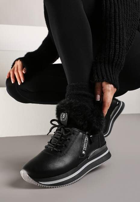 Czarne Sznurowane Botki Sneakersy z Futerkiem Gameda