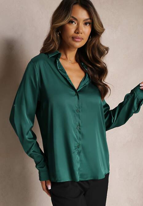 Ciemnozielona Satynowa Koszula na Guziki Noccle 4
