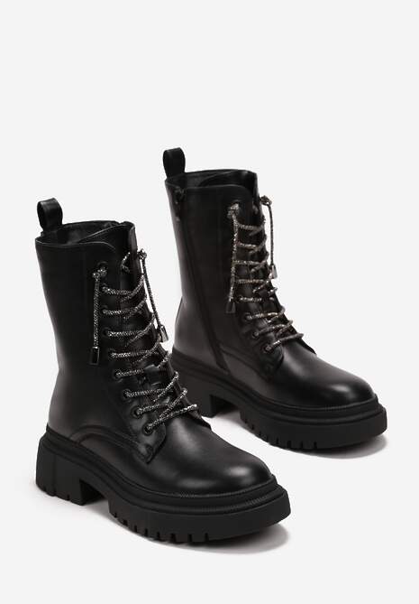 Czarne Botki Workery z Sznurowaniem w Cyrkonie Kenoria 4