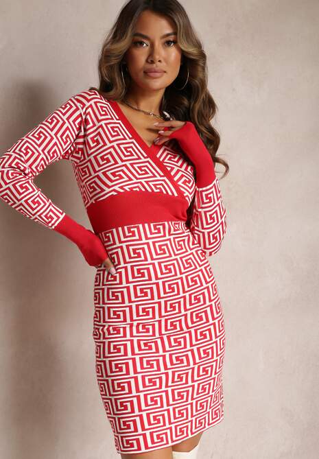Czerwona Sukienka Mini ze Sweterkowej Dzianiny z Geometrycznym Wzorem Manounetta